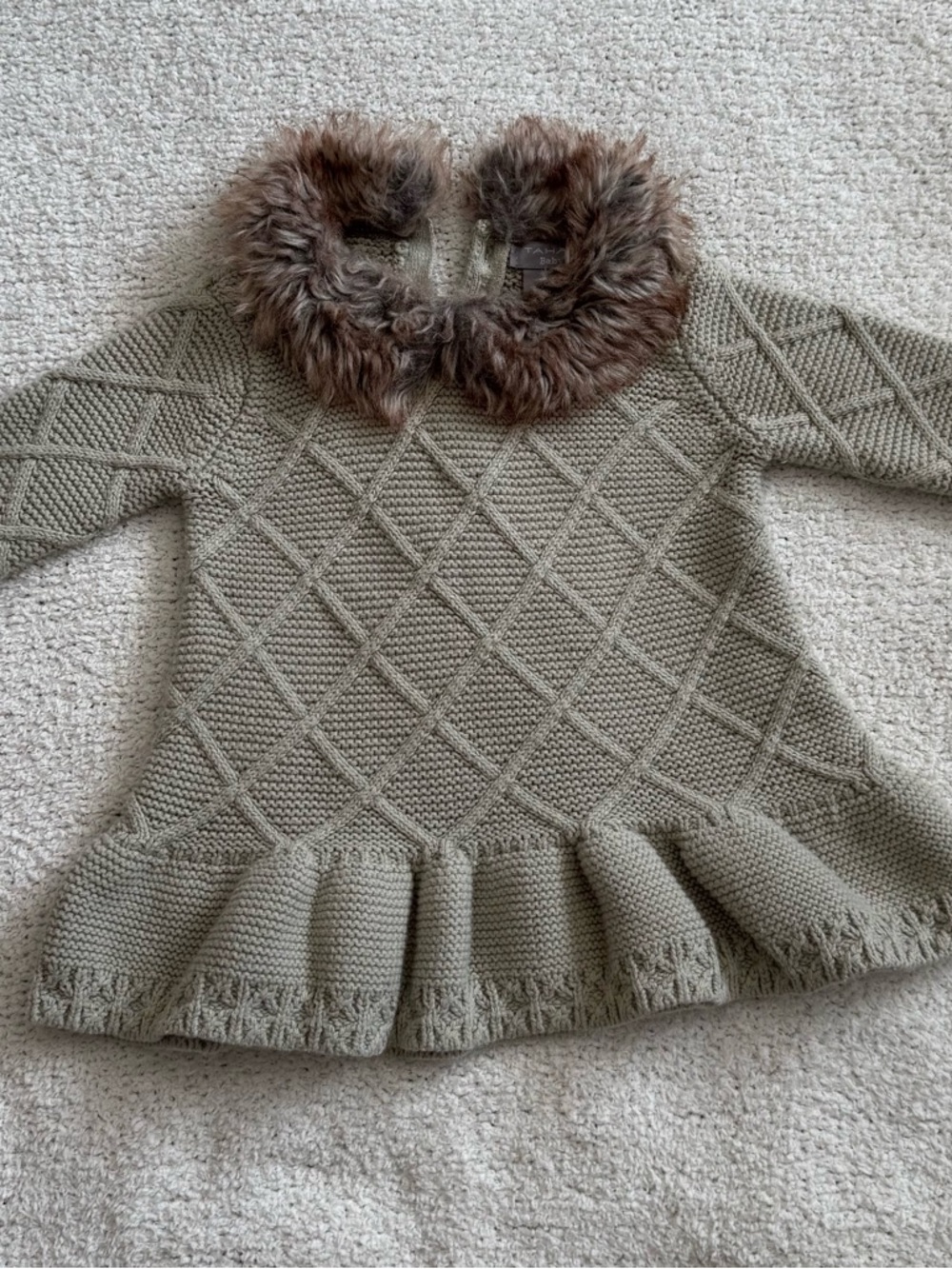 Tahari Baby Knit Cardigan with Plush Faux Fur Trim - Taupe & Brown